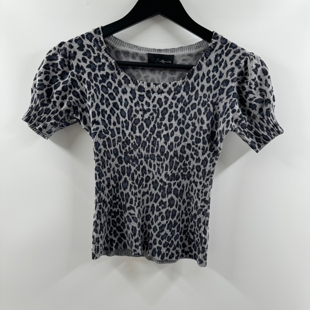 Y2K Forever 21 Leopard Print Puff Sleeve Sweater Top Blue Grey Short Sleeve